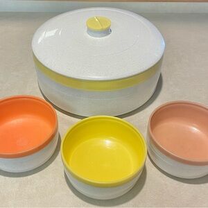 Vintage Cornish Therm-O LOT: Serving Bowl w/Lid + 3 Cereal/Dessert Bowls Yellow
